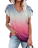 PLOKNRD Damen Tops V-Ausschnitt Blütenblatt Ärmel T-Shirt Sommer Freizeit Kurzen Ärmeln Strand Oberteile(Grau Ombre Rosa,XL)