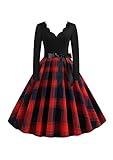 EFOFEI Damen Lange Ärmel Ballkleid Hepburn Cocktailkleid A-Linie Swing Kleid Petticoat Lange Ärmel Kleid rot L