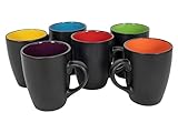 Kaffeebecher 6er Set je 340 ml - schwarz matt/innen farbig - Kaffeebecher mit Henkel - Tee Becher Kaffee Tasse aus Porzellan mehrfarbig bunt