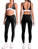 ABOCIW Workout-Sets für Damen, mehrlagig, V-Ausschnitt, Sport-BH, hohe Taille, Leggings mit Taschen, Yoga, Pilates, Outfits, Schwarz, Large
