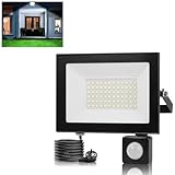 Bellanny 50W LED Strahler mit Bewegungsmelder Außen, 5000LM 6500K Kaltweiß Superhell Fluter Scheinwerfer Wandstrahler | IP66 Wasserdicht Aussenlampe Wandleuchte Innen für Garten Hof Garage Veranda