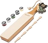 Bacher Premium Leder Streichriemen Abziehleder für Messer set mit 4 x 7g Polierpaste. Paddelgriff aus Hartholz, mit 1/8' starkem, rindengegerbtem Rindleder bezogen