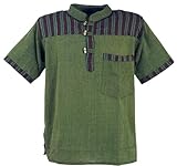 GURU SHOP Nepal Fischerhemd, Gestreiftes Goa Hippie Kurzarmhemd, Olive, Baumwolle, Size:3XL