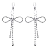 FLOGWE 2 x künstliche Brustwarzenringe mit Strass-Schleife für Frauen, nicht durchstechen, baumelnder Nippelring, Nippelschlinge, sexy gefälschte Brustwarzenpiercing-Schmuck (silberne Schleife)