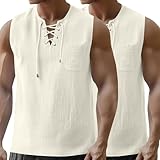 Herren-Unterhemden, Multipack, Sommer-Tanktop, Baumwoll-Leinen, Tank-Top, Schnürshirt mit Tasche, ärmellos, Strand, Hippie-Top, 2 Stück, M, 3XL