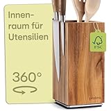 Praknu Messerblock Magnetisch 360° drehbar ohne Messer – FSC® Akazienholz mit Platz für Küchenutensilien – Beidseitiger starker Magnet – Rutschfest
