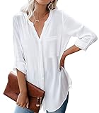 Dordanity Damen Bluse Elegant V-Ausschnitt Hemd Langarm Casual Arbeit Einfarbig Button Down Lose Langarmshirt Oberteile Tops (Medium,Weiß)