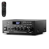 Moukey Verstärker Home Audio, 2.0-Kanal-Stereo-Receiver mit Bluetooth 5.3, Vollfunktionsfernbedienung, FM, RCA, USB, 2 Mikrofoneingänge, 300 W Spitzenleistung, für Karaoke, Garage, Heimkino, MAMP3