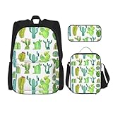 QPIPGER 3-in-1-Rucksack mit Kaktus-Druck, mit Lunch-Tasche und Schreibwaren-Tasche, wasserdicht, Oxford