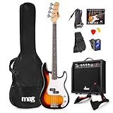 MAX GigKit Bassgitarre Set, E Bass Gitarre, Bass Guitar mit Gitarrenverstärker, Tasche, Stimmgerät, Plektren, Ständer, Gurt, Kabel und Ersatzsaiten - 21 Bünde - Sunburst