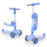 Kinderroller mit Sitz,Roller Kinder ab 2 3 4 Jahre, Scooter Kinder Mädchen Junge, Tretroller mit Leuchträdern, Höhenverstellbarer Kickscooter Blau