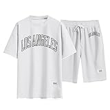 Herren Casual Sommer Sportanzug Kurzarm Zweiteiler Leichtes T-Shirt mit Shorts Bequemer Freizeitanzug für Männer Atmungsaktives Outfit (White, XL)