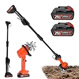 Akku Bodenhacke, 21V Gartenfräse Elektrisch mit 2 Akkus 3000mAh und 1,3M Handgriff Gartenhacke Garten Geräte mit 4 Metallmesser 10cm Arbeitsbreite 10cm Arbeitstiefe 235 U/min Drehzahl