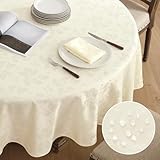 Romanstile runde Tischdecke 160 cm Creme abwaschbar Luxuriös Jacquard-Damast Blumen wasserabweisend Tischtuch Tafeltuch Table Cloth Herbstdeko für Weihnachten,Party,Esszimmer,Restaurant,Silvester