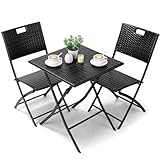 LIFERUN Balkonmöbel Set Bistro, Balkonmöbel Rattan Set, Bistro Gartenmöbel Set 3-teilige, Klappbar Balkontisch mit 2 Stühle, Schwarze Balkon Set, Balkonmöbel Klappbar, Rattan-Sitzgruppe