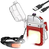 Vicloon Feuerzeug Elektrisch, Lichtbogen Feuerzeug USB Aufladbar, Dual Arc Plasma mit Überlebens Notfallpfeife und Lanyard, Wasserdicht Winddicht für Wandern, Camping, Survival Kit (Rot)