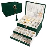 QOUBNIC Schmuckaufbewahrung, Schmuckkasten Jewelry Organizer Große Schmuckschatulle mit 3 Ebenen, Jewelry Box für Ringe, Uhren, Ohrringe, Halskette (Grün)