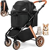 MAMIZO Faltbarer Hundebuggy One-Touch, Faltbar Katzenwagen, Bis 25 kg, Aluminium-Carbonstahl-Gestell, Höhenverstellbarer Griff, Getränkehalter, 4 PCS 360° Gummiräder, für kleine Hunde Katz, Schwarz