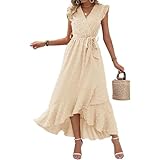 Festliche Kleidung Damen, Wickelkleid Damen Sommer Lang Elegant V Ausschnitt A Linie Freizeitkleider Tunika Einfarbig Sommerkleid Leicht und Luftig Musselin Vokuhila Kleid mit Gürtel XL A Beige