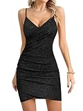 Missufe Damen Elegant Wickelkleid Partykleid Minikleid Spaghettiträger Bodycon Enges V-Ausschnitt Figurbetontes Ärmellos Bleistiftkleid (Schwarz, Large)
