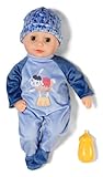 Baby Born Alex mit blauem Strampler, weiche 36cm große Babypuppe mit Stoffkörper und Schlafaugen inkl. Fläschchen