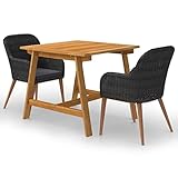 Owoxanthellate Garten-Essgruppe Schwarz 3-TLG. Akazienholz Tisch 88x88x74 cm & 2 PE-Rattan Stühle mit dunkelgrauen Polstern Robust und Modern für Balkon Terrasse und kleinen Garten