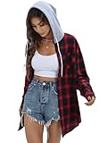 Jhsnjnr Langramshirt Damen Oversize Kariertes Hemdbluse Leichte Karo Knopfleiste Hoodie Flanellhemd mit Taschen