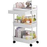 DUOJIN 3 Etagen Rolling Utility Organizer Rack mit Griff, Multifunktional Lagerwagen mit Netzkörbe und Abschließbare Räder für Badezimmer Küche Büro Klassenzimmer (Weiß)