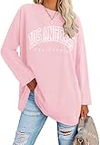 Ebifin Oversize Langarmshirt Damen Longshirt Rundhalsausschnitt Los Angeles Oberteil Langarm T Shirts Pullover Basic Tunika Tee Tops.Rosa.XXL