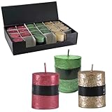 24x Rustikale Metallic Mini Kerzen ca. 4 x 5 cm Stumpenkerzen Set im glänzenden Antik Look in Rot, Grün und Gold
