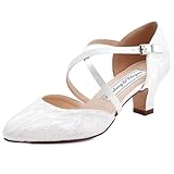 Duosheng & Elegant Geschlossene Zehen HC1920 Kreuz Bände Brautschuhe Schnalle für Damen Absatz Hochzeit Braut Spitze Schuhe mit Lace Ivory Gr. 40