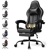 Devoko Massage Gaming Stuhl, Bürostuhl mit Fußstütze und Massage-Lendenkissen, Gamer Stuhl mit Kopfstütze, Ergonomisch Gaming PC Stuhl 150 kg Belastbarkeit, Schwarz