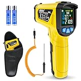 Infrarot Thermometer MESTEK Temperaturmessgerät Digital Laser IR Pyrometer K-Sonde -50°C ~ 800°C Berührungslos mit Farbe lcd Alarmfunktion Einstellbarer Emissionsgradfür Küche Grill Automotive