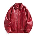 Herren Einfarbig Retro Hübscher Schlanker Luftier Einlagiger Ledermode Motorradanzug Winddichter Mantel Softshelljacke Herren Ohne (4-Red, XXXL)