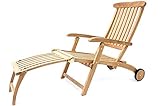 Garland® Liegestuhl mit Rollen Lehne Verstellbar Teak Holz SVLK Zertifiziert Fußablage Klappbar Ergonomisch Gartenliege Sonnenliege Deckchair Liege