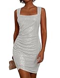 GRACE KARIN Damen Pailletten Partykleid Vintage Festliches Kleid Bodycon Club Kleid Eckiger Ausschnitt Cocktailkleid L Silber Weiß CL2848A24-03