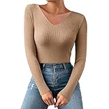 Damen und Winter V-Ausschnitt lässig gestrickt langärmliger Pullover Thermo Top Unterhemden Herren Winter (Khaki, One Size)