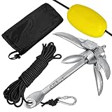 ACXIN Verzinkt Anker, 1,5 kg Faltbar Ankerset mit 10m Ankerleine, Bootsanker Tragbares für Boot, Schlauchboot, SUP, Kajak, Kanu (Silber)