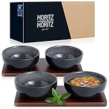 Moritz & Moritz VIDA 4x Dip Schalen Set mit Brett - 10cm Ø - 4 Dipschalen Schwarz Grau-Blau aus Porzellan - Für Snacks, Dessert, Dips und Saucen