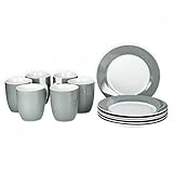 van Well Vario Frühstücksset 12-teilig Kombi-Service 6 Personen - Geschirr-Set Kaffee, Frühstück & Tafel - je 6 kleine, flache Frühstücksteller & Kaffeebecher aus Porzellan - Grau