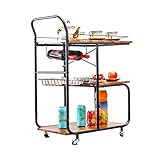 MDF-Küchen-Servierwagen, Rollwagen mit 2 Ablagen und Aufbewahrungskorb, Kücheninselwagen mit Weinglashalter, abschließbarer Likörwagen