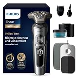 PHILIPS Rasierer S9000 Prestige - Elektrischer Nass- und Trockenrasierer, glänzendes Chrom, Lift & Cut-Rasiersystem, SkinIQ-Technologie, Bartstyler, Reinigungsstation & Qi-Ladepad (Modell SP9885/35)