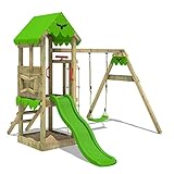 FATMOOSE Spielturm Klettergerüst FriendlyFrenzy Fun XXL mit Schaukel & apfelgrüner Rutsche, Outdoor Kinder Kletterturm mit Sandkasten, Leiter für den Garten