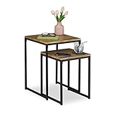 Relaxdays Beistelltisch 2er Set, stapelbar, Industrie Design, Satztisch 2 Größen, quadratisch, Metall, Holzoptik/schwarz