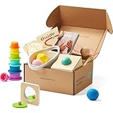 Tiny Land Montessori-Spielzeugset für Babys von 7–9 Monaten, Senser Play Kit – 5-in-1-Lernspielzeug aus Holz mit Objektpermanenzbox, Sensorikball, Stapelbechern und Spiegelpuzzle, Bodyboard-Buch
