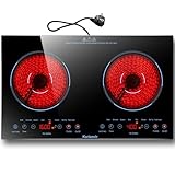 Karienvir Glaskeramik Kochfeld 2 Platten Tragbar 220-240V, Keramik Kochfeld Kochplatte 2er Freistehend, Herdplatte 2 Kochfelder Tragbar mit Stecker, Timer, Kindersicherung, Restwärmeanzeige