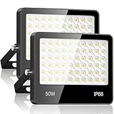 LED Strahler Außen 50W 2 Stück - 5000LM 6500K Kaltweiß Superhell LED Fluter Außen, IP66 Wasserdicht außenstrahler Scheinwerfer für Stadion, Terrasse, Straße, Garage
