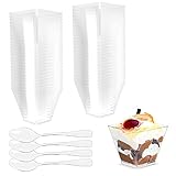 Gvolatee 50 stück Dessertgläser mit Löffeln Plastik 2oz/60ML, dessertschalen Klare Wiederverwendbar, Quadratischer dessertbecher, desserttassen für Pudding Mousse Eiscreme Geburtstag Hochzeiten