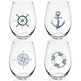 Weingläser ohne Stiel, Ankerkompass, Rettungsring, Helm, Strandhaus, 425 ml, nautisches Geschenk für Bootsfahrer, Geburtstagsgeschenk für Seemann, Küste, Ozean, Meeresgläser für Wein oder Cocktails, 4