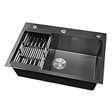 Umisu Küchenspüle aus Edelstahl, 1 Becken mit 3 Löchern, 55 x 45 cm, einfaches Waschbecken, dick, 50 x 40 cm, mit Korb, Seifenspender, Haushaltsspüle, Einbauspüle, Gemüsebecken